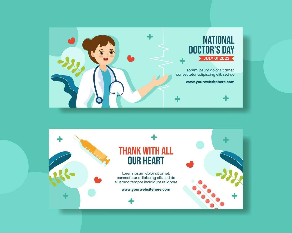 World Doctors Day Horizontal Banner Cartoon Hand Drawn Templates Background Illustration vector