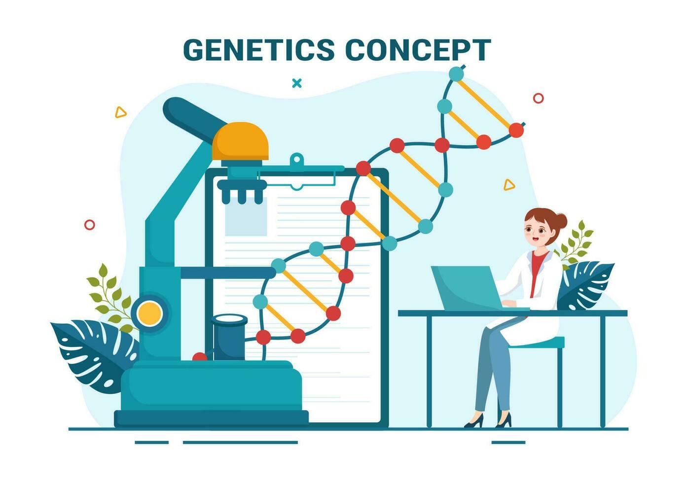 genético Ciencias concepto vector ilustración con adn molécula estructura y Ciencias tecnología en cuidado de la salud plano dibujos animados mano dibujado plantillas