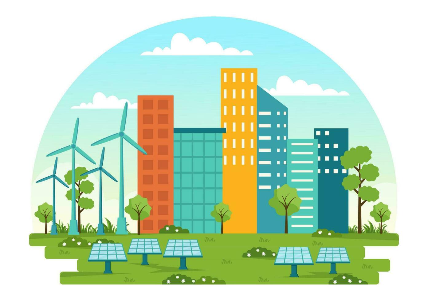 Energy Efficiency in the City Vector Illustration with Sustainable Environment for Electricity Generated From Sun and Wind in Hand Drawn Templates