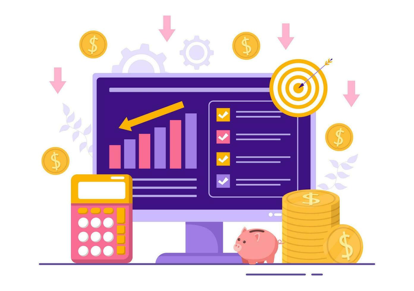 Cost Reduction Vector Illustration with Decrease, Price Minimising or Falling Rate of Profit in Business Flat Cartoon Hand Drawn Templates