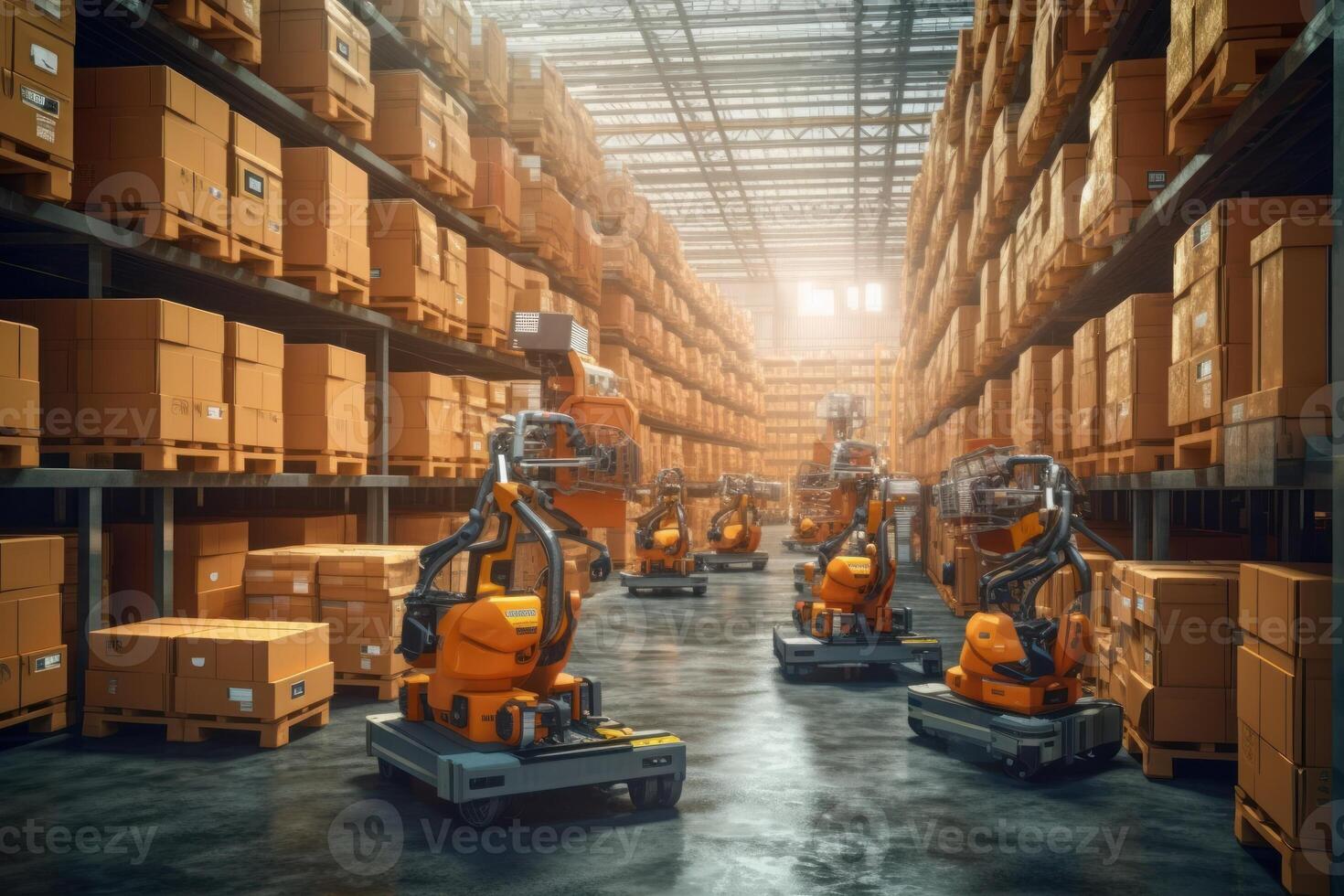 A warehouse with orange robots and boxes on the floor photo