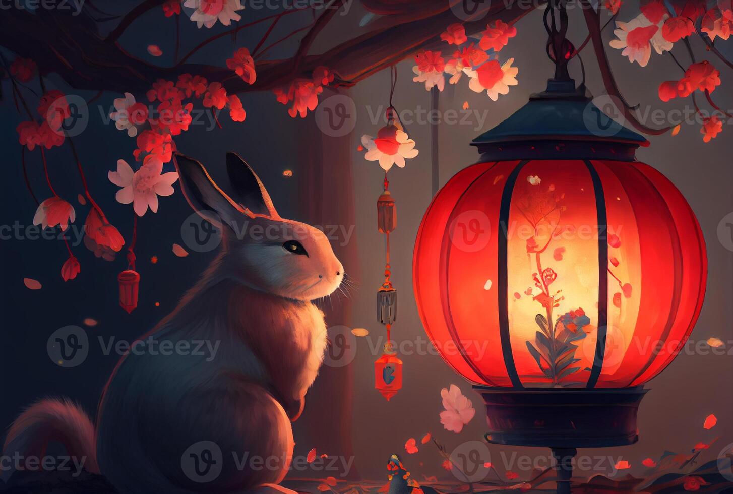 Rabbit with cherry blossom flowers and Chinese lantern style lighting in the night. Digital art. photo