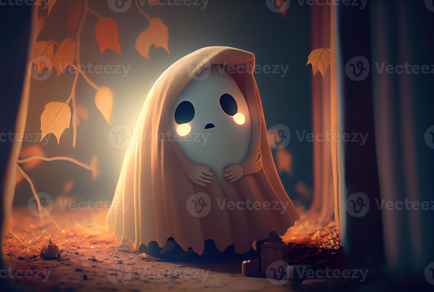 Cute spooky fabric ghost in Halloween party background. Funny character art concept. and photo