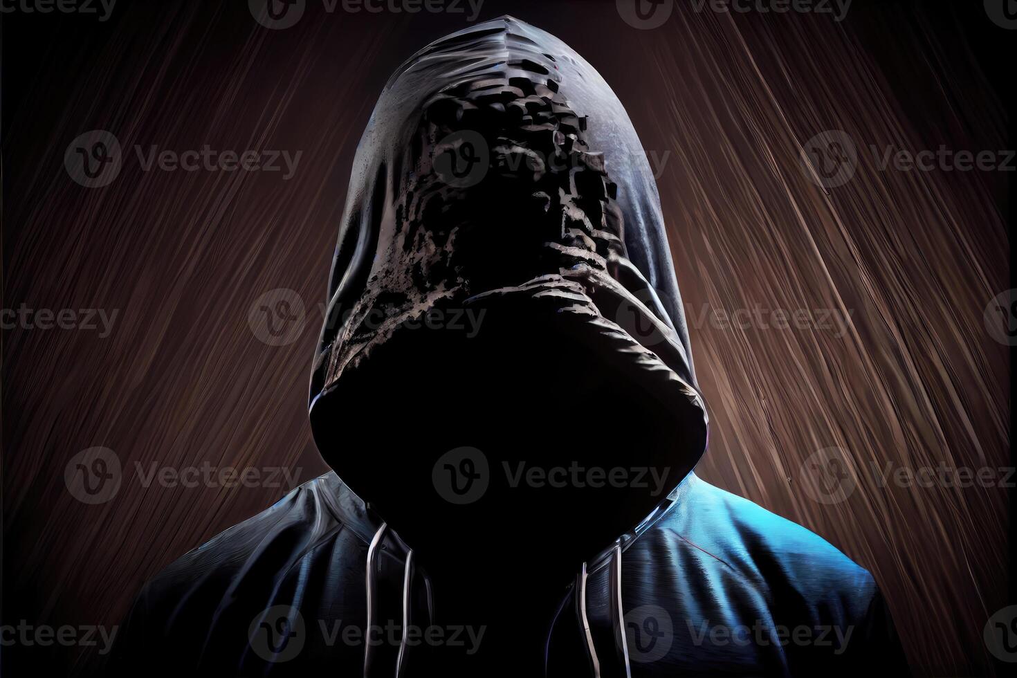 Man in a black hood covered with shadows. Unrecognizable criminal with no face. People and Criminal concept. photo