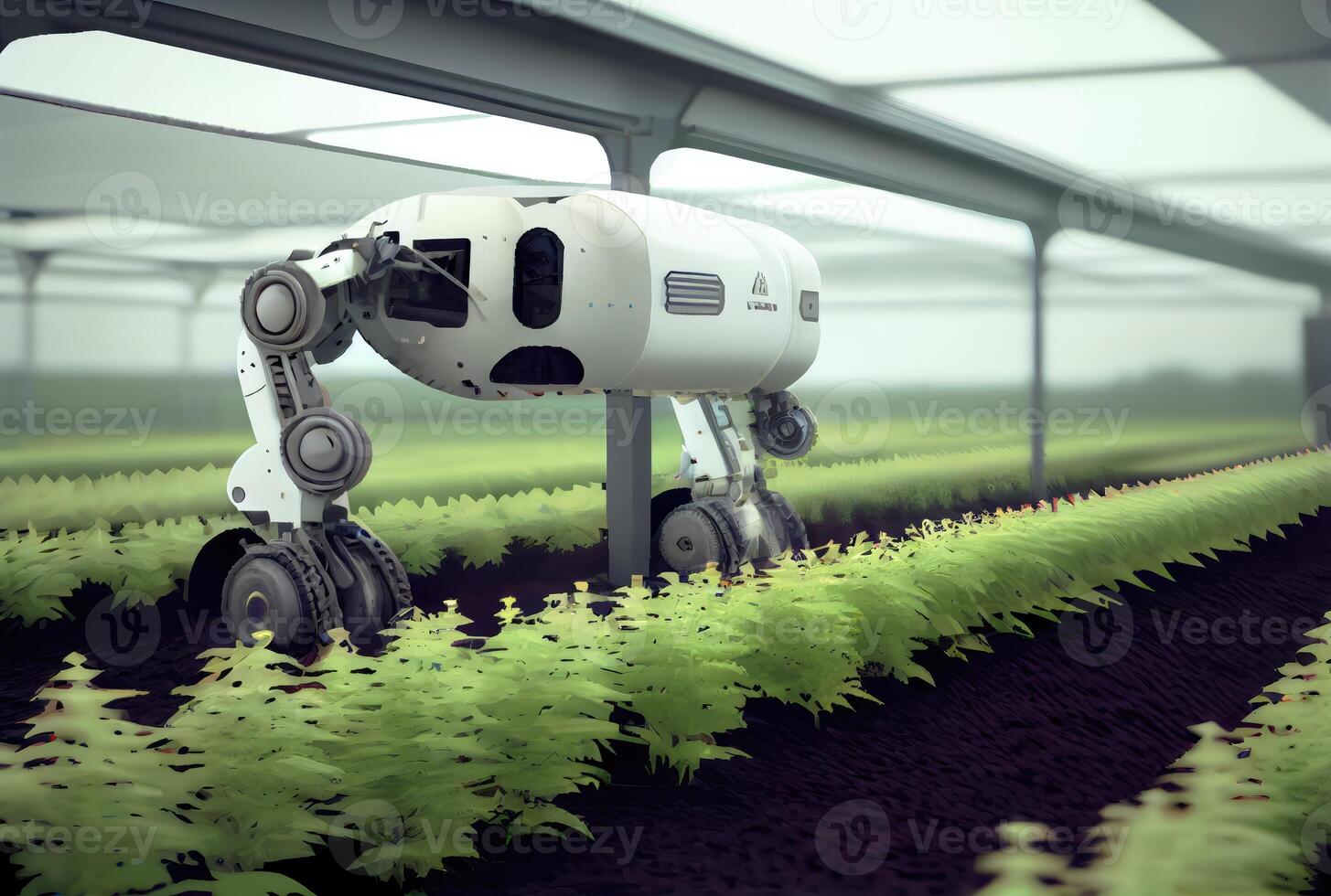 Robot farming harvesting agricultural products in greenhouse. Innovative futuristics technology and 5G smart farming concept. photo