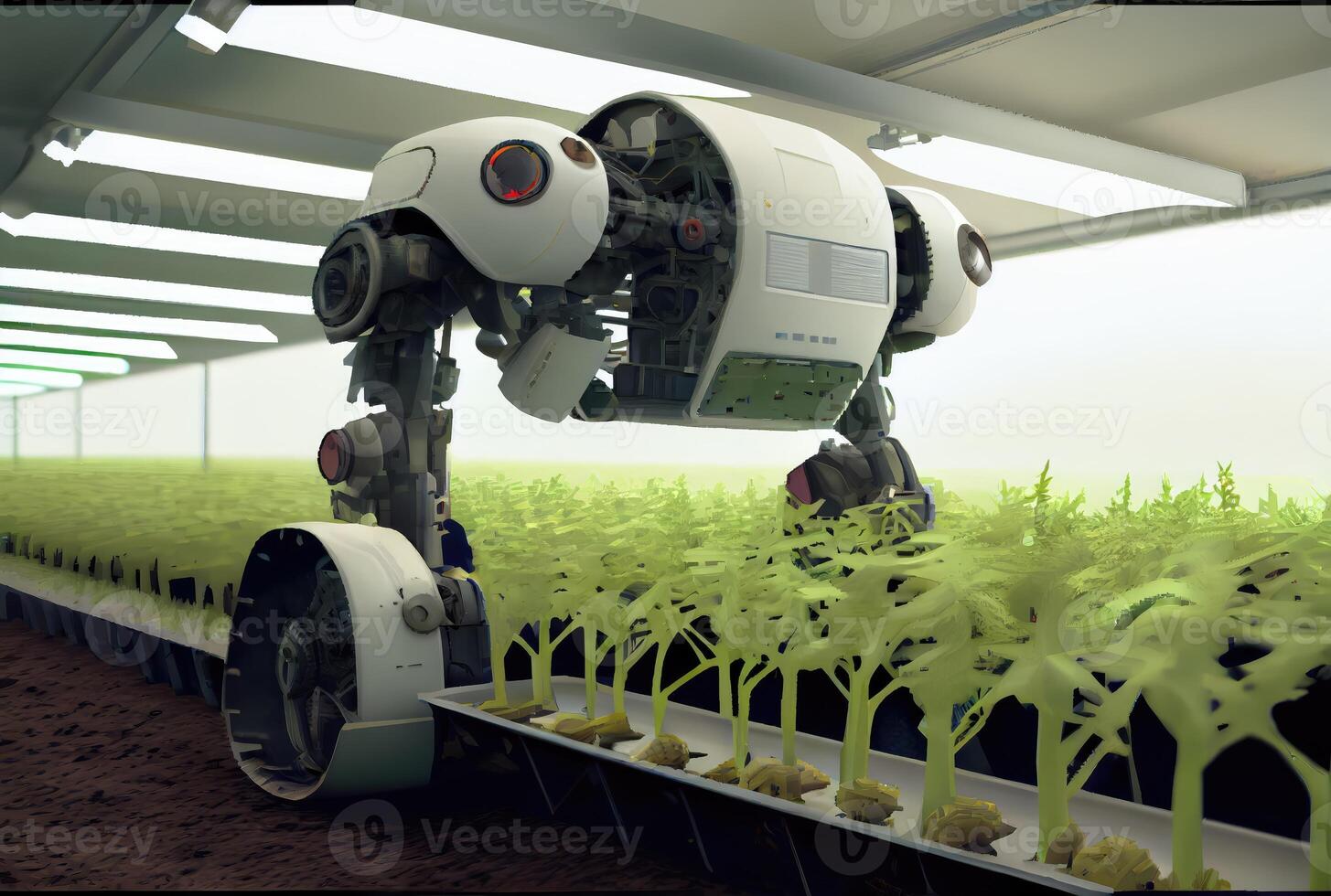 Robot farming harvesting agricultural products in greenhouse. Innovative futuristics technology and 5G smart farming concept. photo