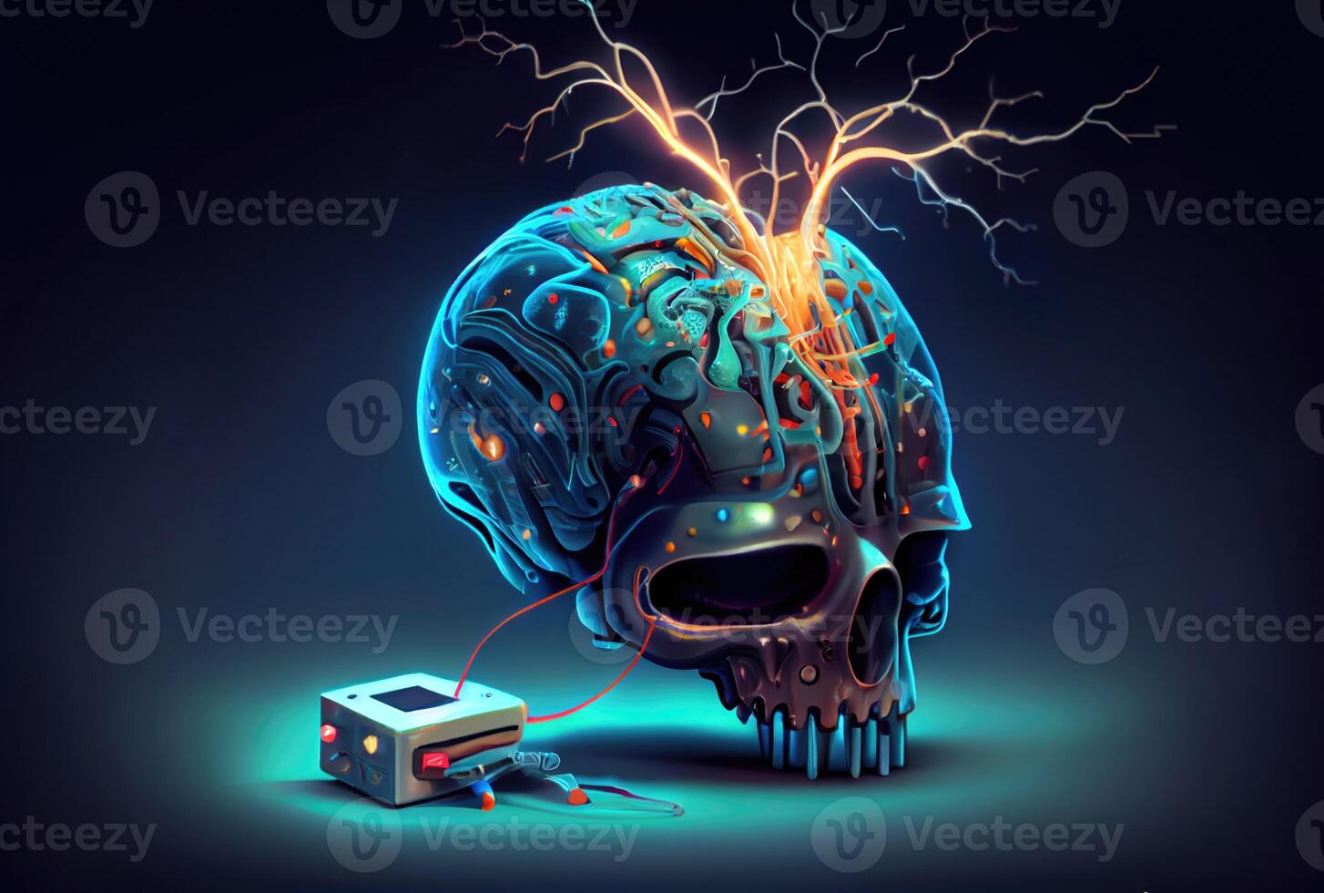 Brain is being fed programs and commands to have humanlike abilities. Machine learning and technology concept. photo