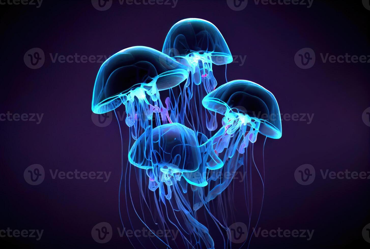 Medusa Jellyfish with glowing illumination light under the deep sea in the dark background. Marine life and animal concept. photo