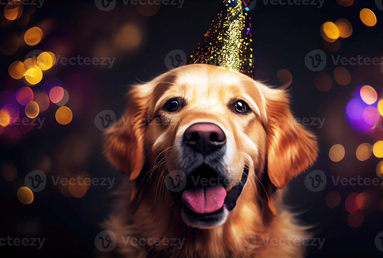 Closeup of portrait happy Golden Retriever dog wearing party hat for celebration with bokeh background. Animal and pet concept. photo