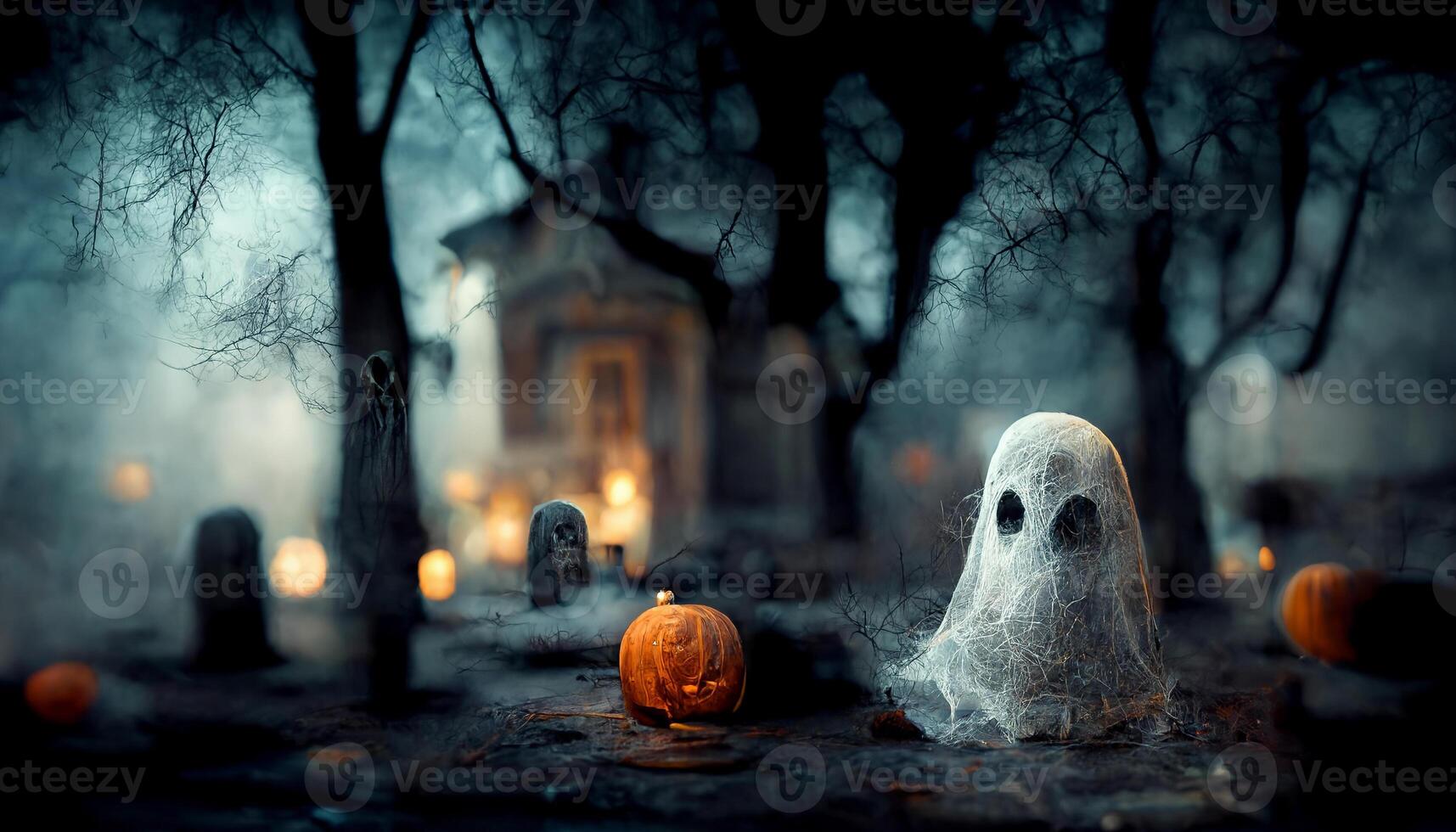 Spooky ghost face with pumpkin lantern in Halloween party background. photo