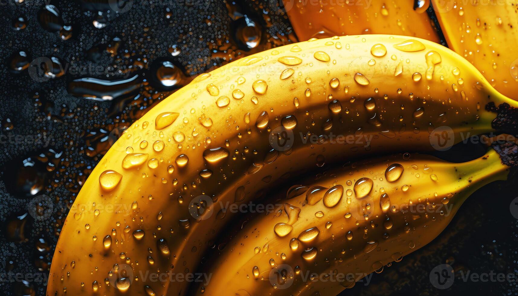 Close up of clean yellow tropical bananas with water drop in dark black background. Fresh fruit and Vegetable concept. Nutrition and vitamin theme. photo