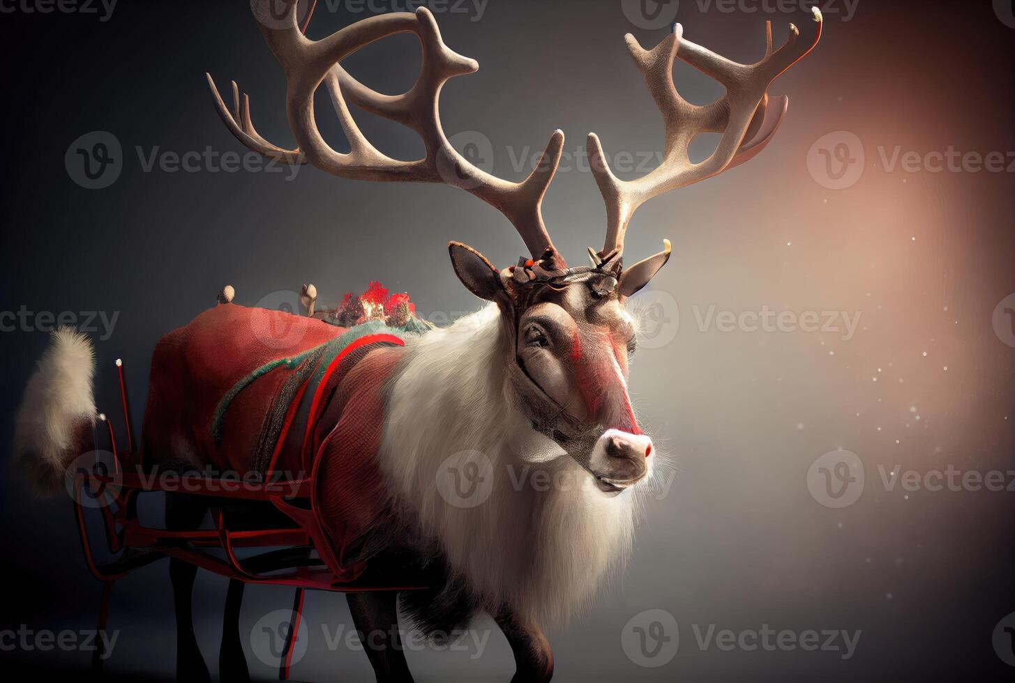 Santa Claus on the reindeer sleigh on the snow surface and night sky background. Christmas and New year concept. Digital art illustration. photo