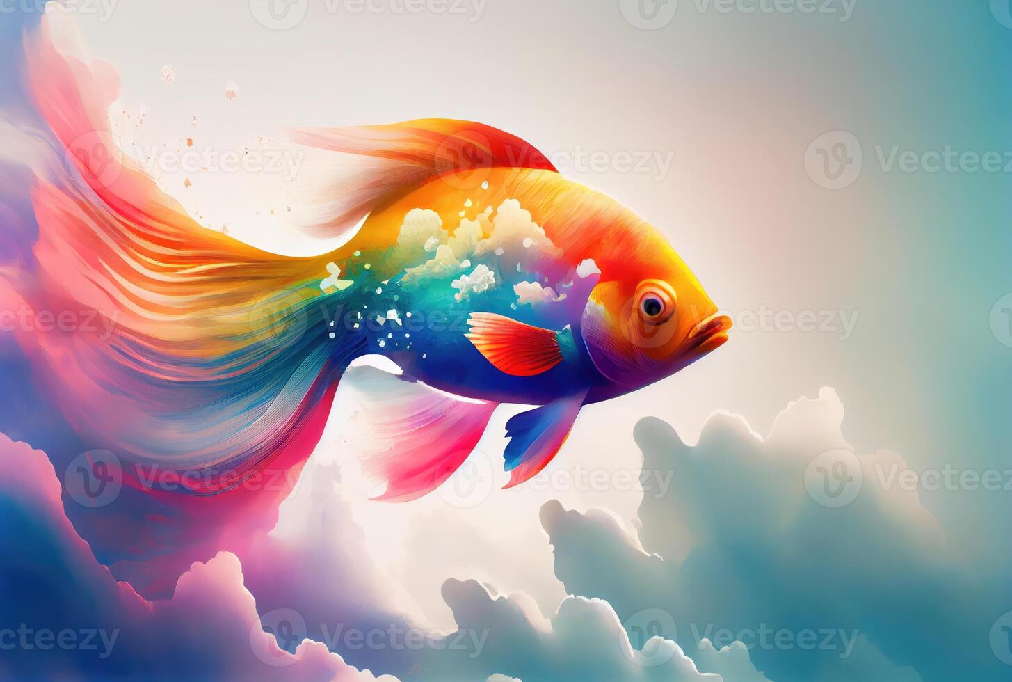 Rainbow color fish swimming in the sky with cloudy background. photo