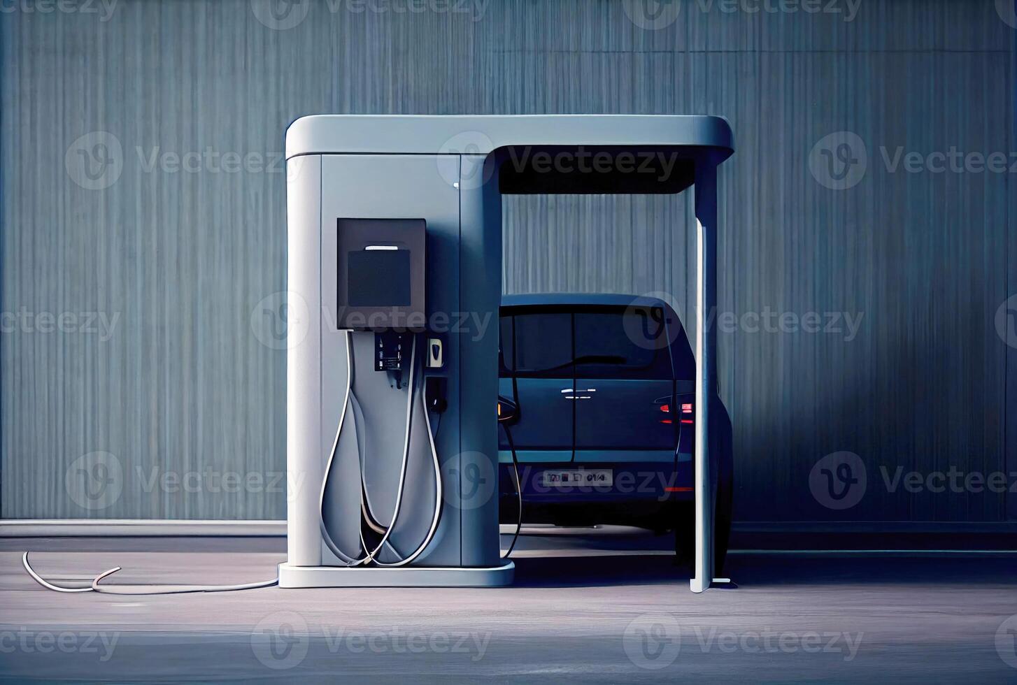 EV car with Electric charging station charger on build in wall at house. Technology and transportation concept. photo