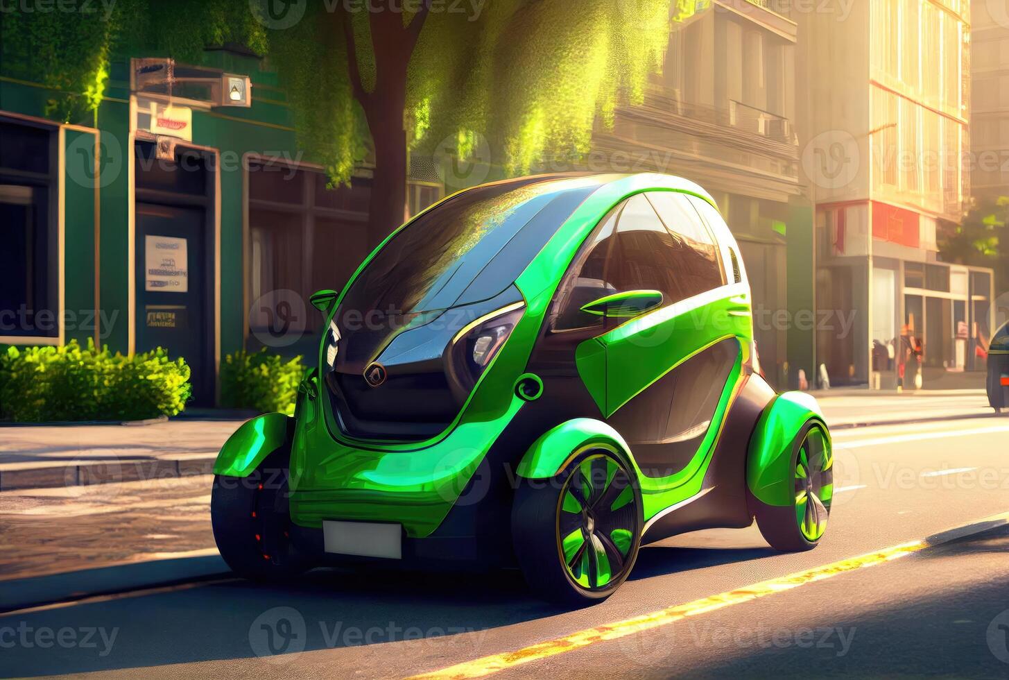 Green future car on the road in the city urban scene at day background. Technology and transportation concept. photo