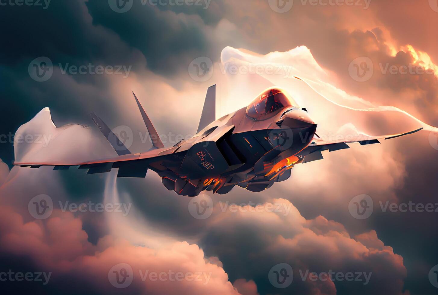 Fighter planes fly over the big city. Defensive military and world war concept. photo