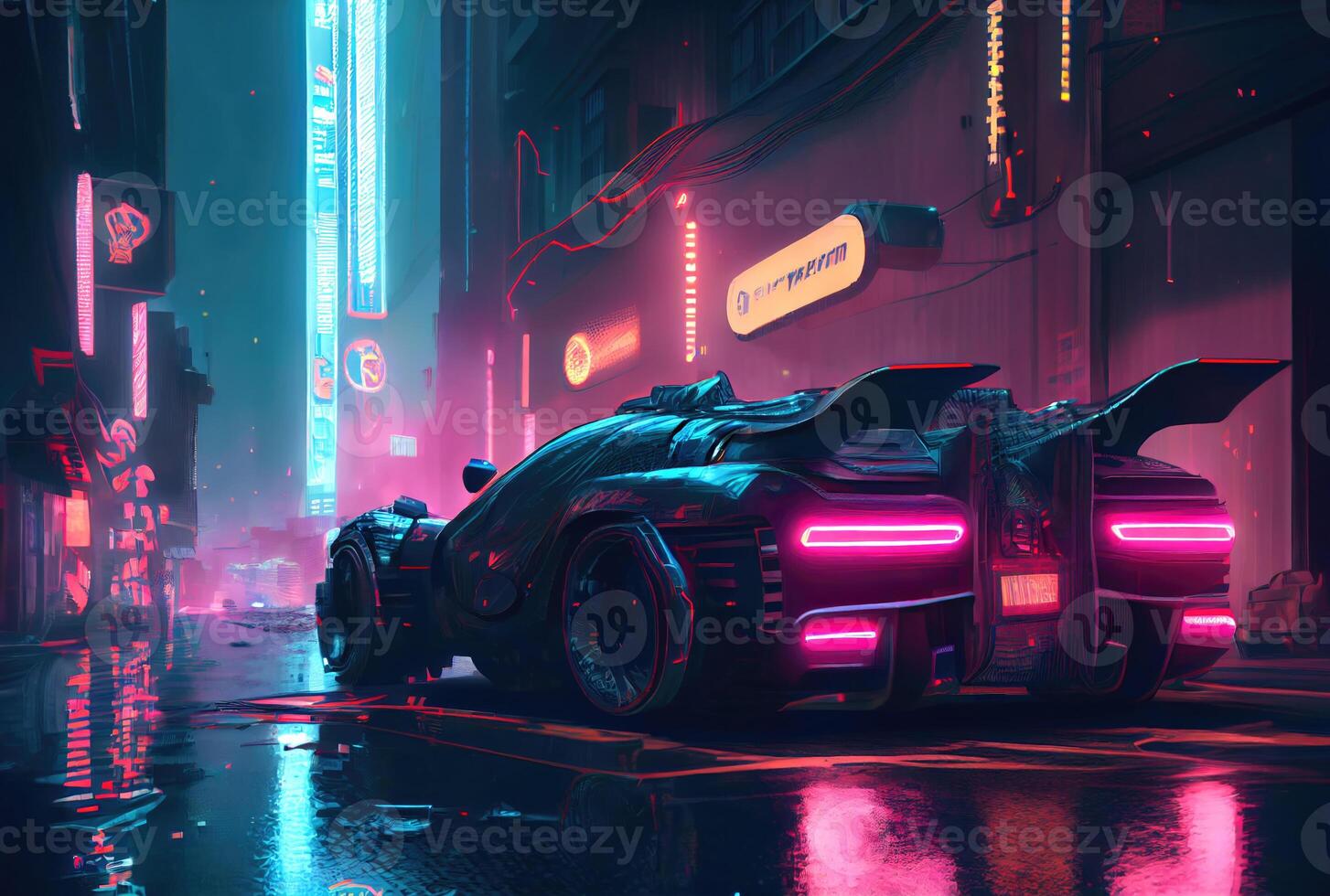 Futuristics car model in orange blue and pink color cyberpunk city background. Transportation and technology concept. photo