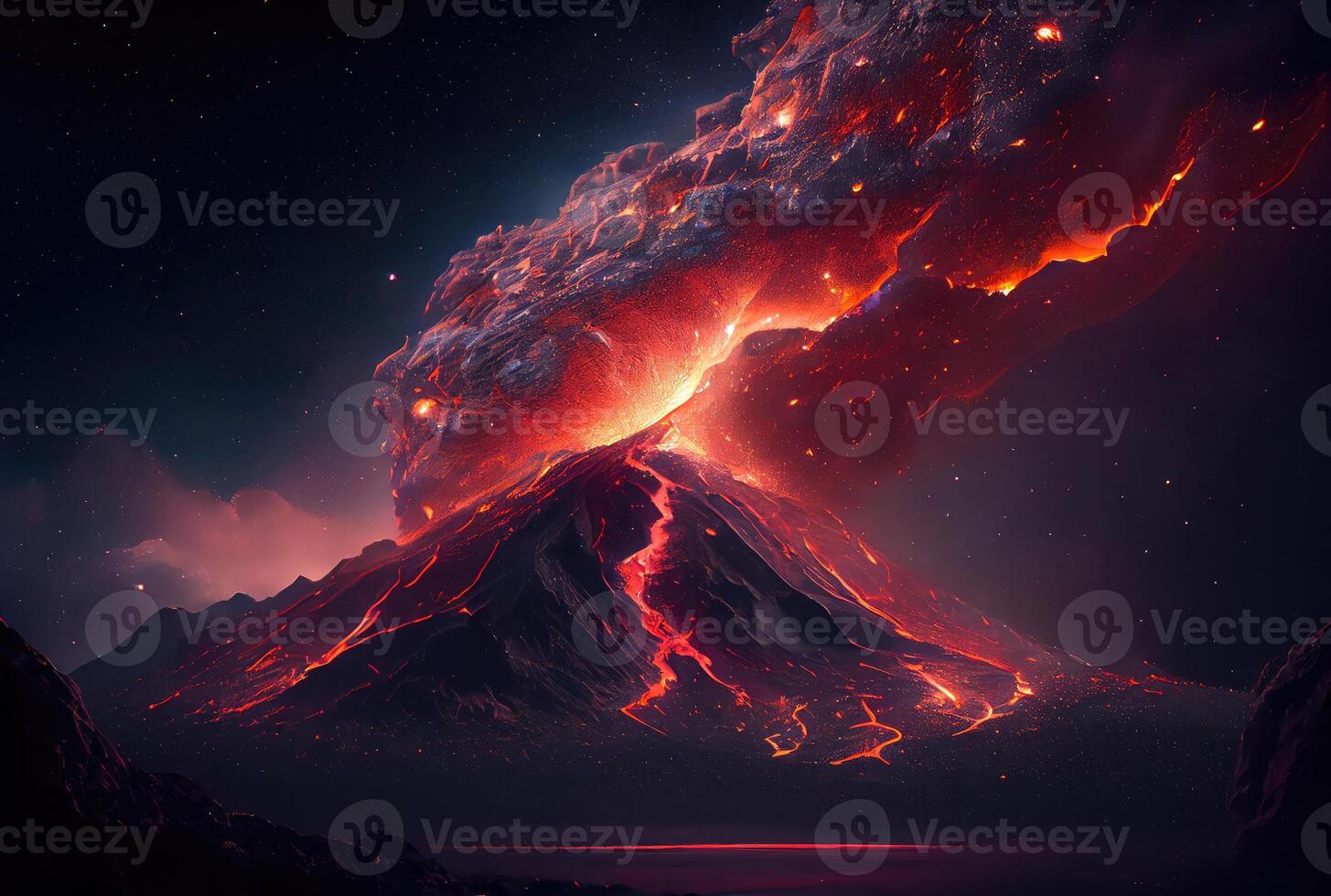 The volcano erupted with hot lava and black smoke covering the sky. Nature and disaster concept. photo