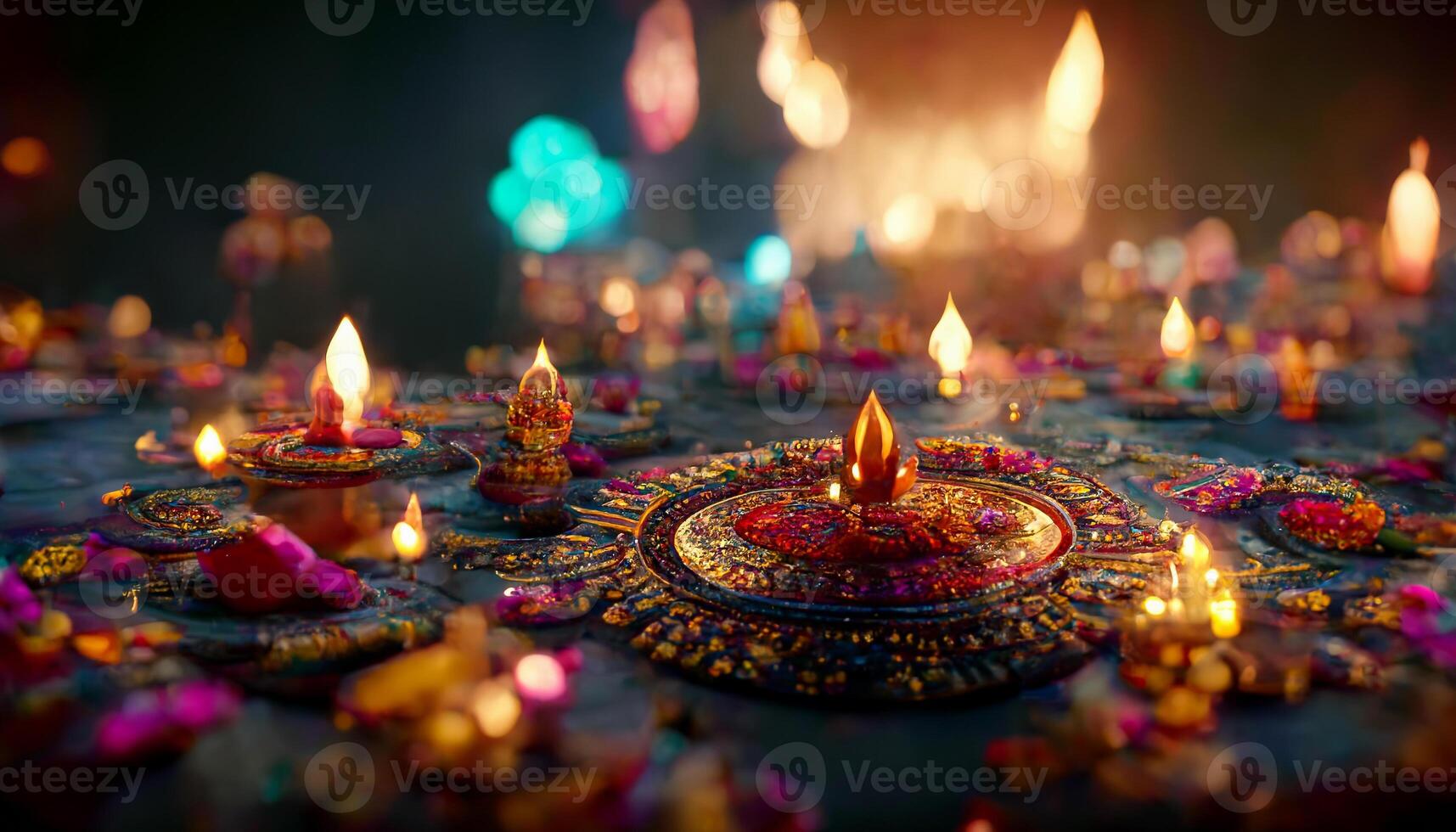 Diwali festival with colorful candles light and bokeh background. photo