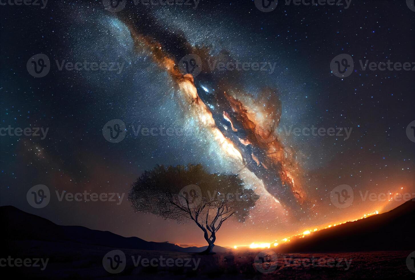 Milky way landscape with starry night sky background. Digital art illustration. Astrology and travel concept. photo