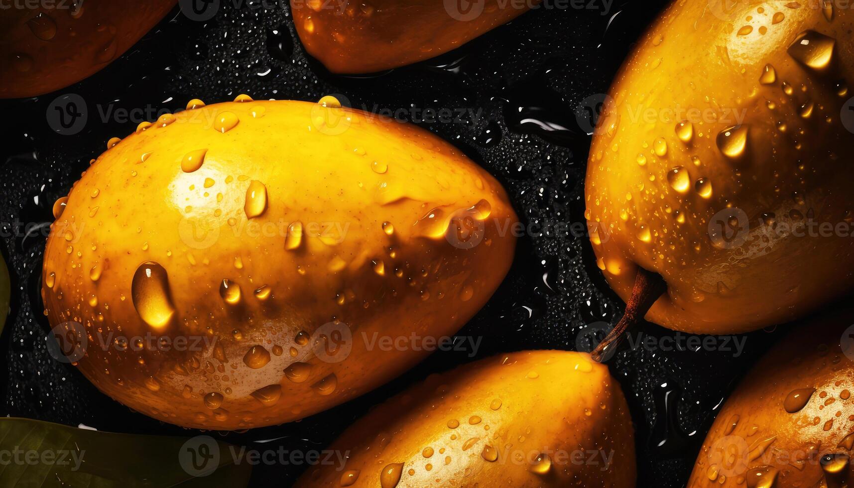 Close up of clean ripe Mangoes with water drop in dark black background. Fresh fruit and Vegetable concept. Nutrition and vitamin theme. photo