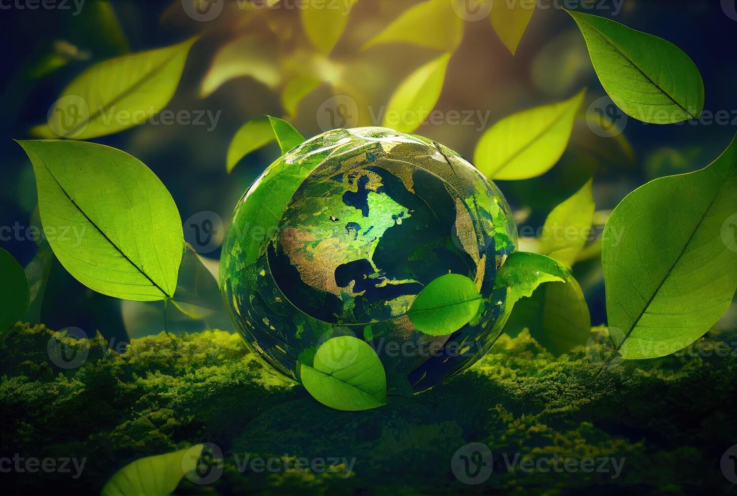 Water drop in earth shape with green leaves in the jungle. World Environment Day and World Water Day concept. Environmental protection theme. photo