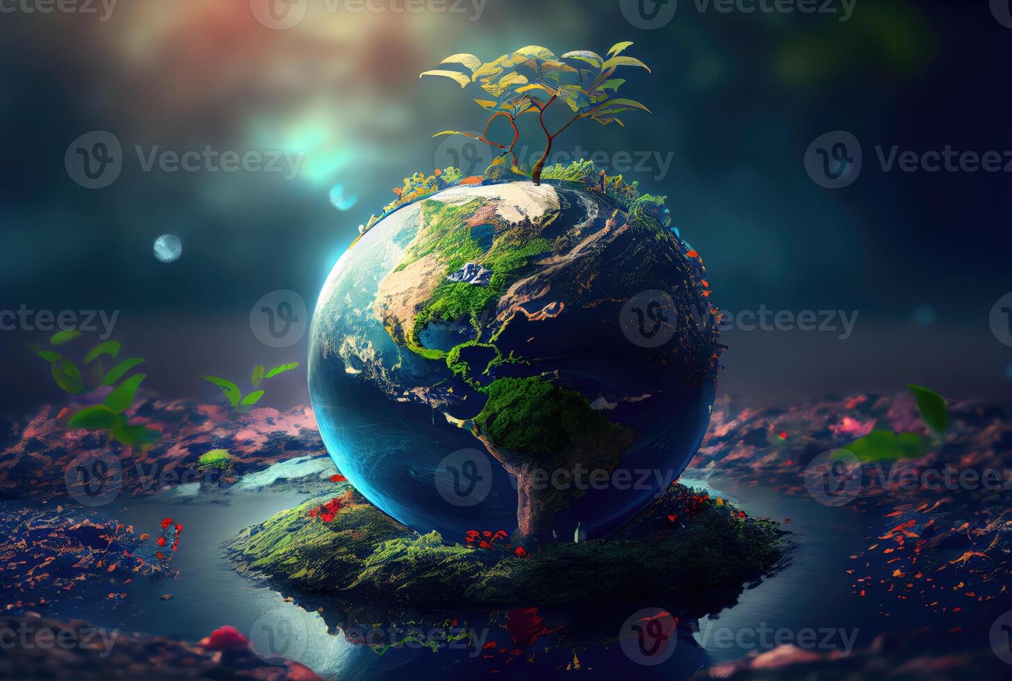 Beautiful Blue globe on the ground with decorating in summer season background. Beauty in nature and World Earth Day concept. photo