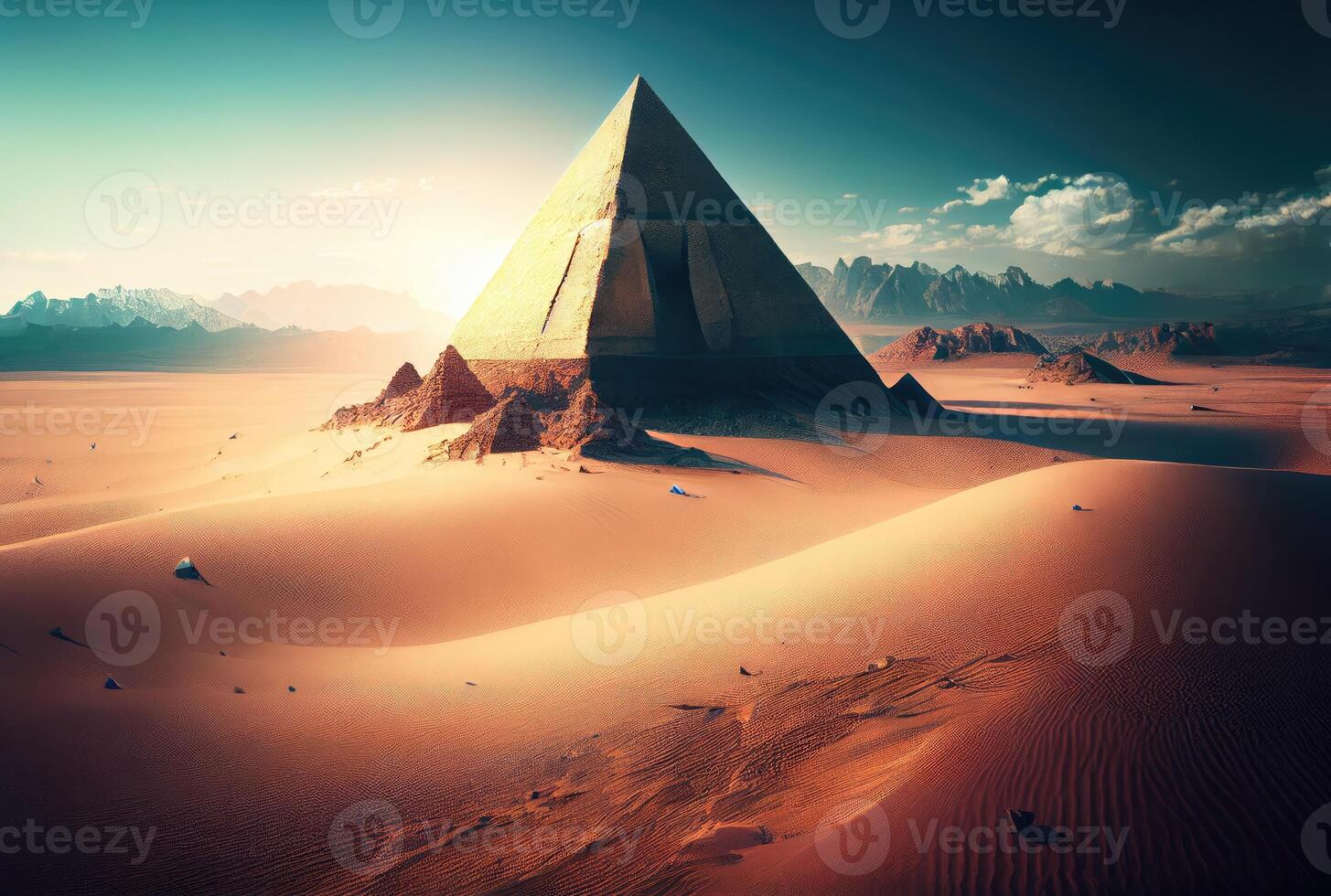 Pyramid in the sand dune desert and sky background. Travel destination and architecture concept. Digital art illustration. photo