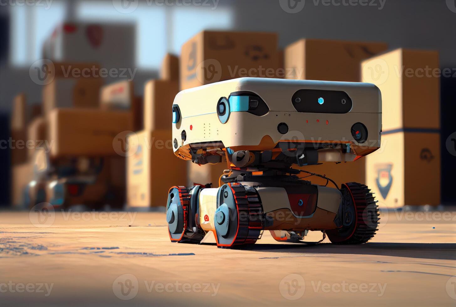 Robot AGV transporting cardboard box in warehouse background. Technology innovation and delivery concept. photo