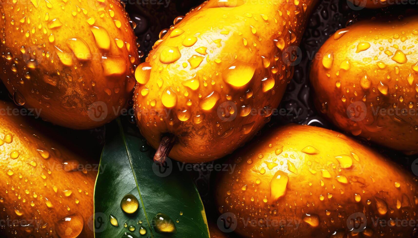 Close up of clean ripe Mangoes with water drop in dark black background. Fresh fruit and Vegetable concept. Nutrition and vitamin theme. photo