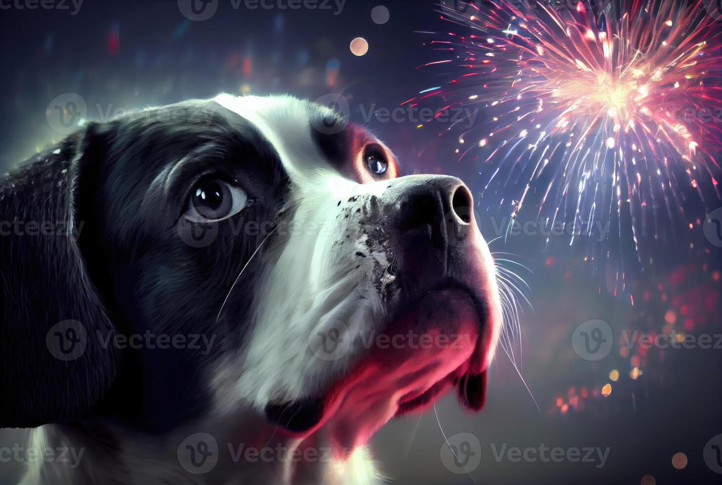 The dog is afraid and shocked by the sound of fireworks with sky background. Pet and animal concept. Digital art illustration. photo