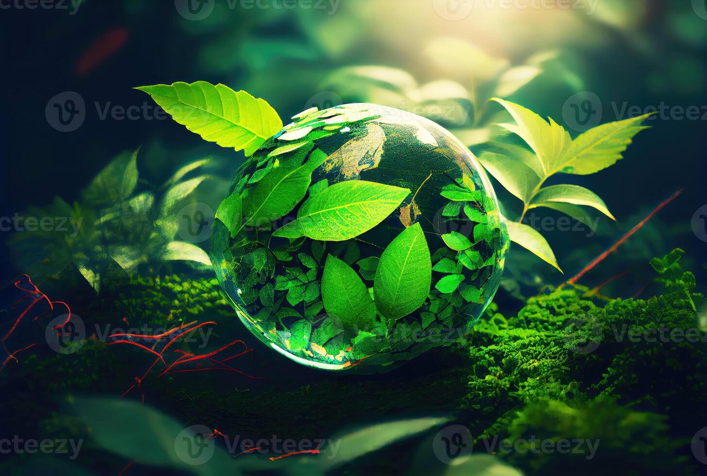 Water drop in earth shape with green leaves in the jungle. World Environment Day and World Water Day concept. Environmental protection theme. photo