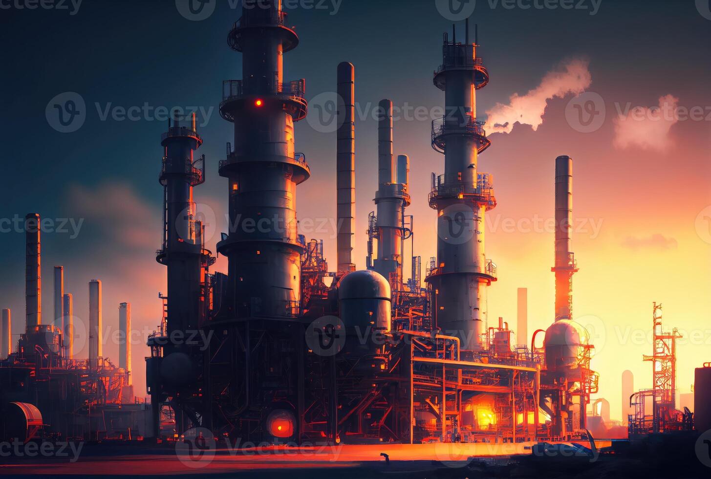 petróleo refinería industrial planta con naturaleza y cielo antecedentes. negocio y industria concepto. digital Arte ilustración. generativo ai foto