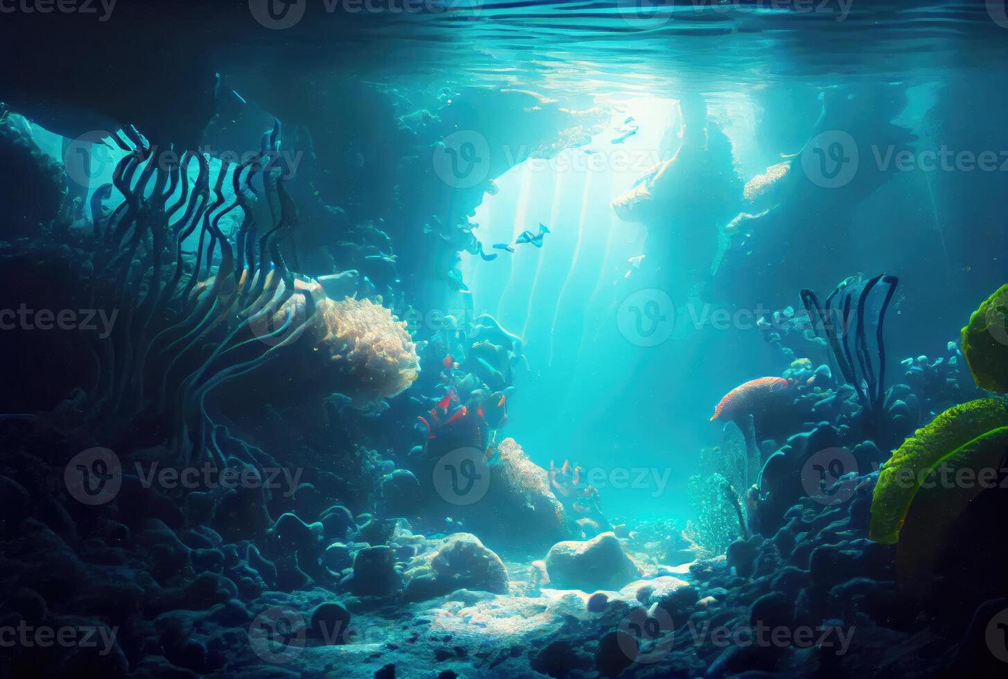 Deep sea and aquatic life with sunshine background. Digital art illustration. Marine life and undersea concept. photo