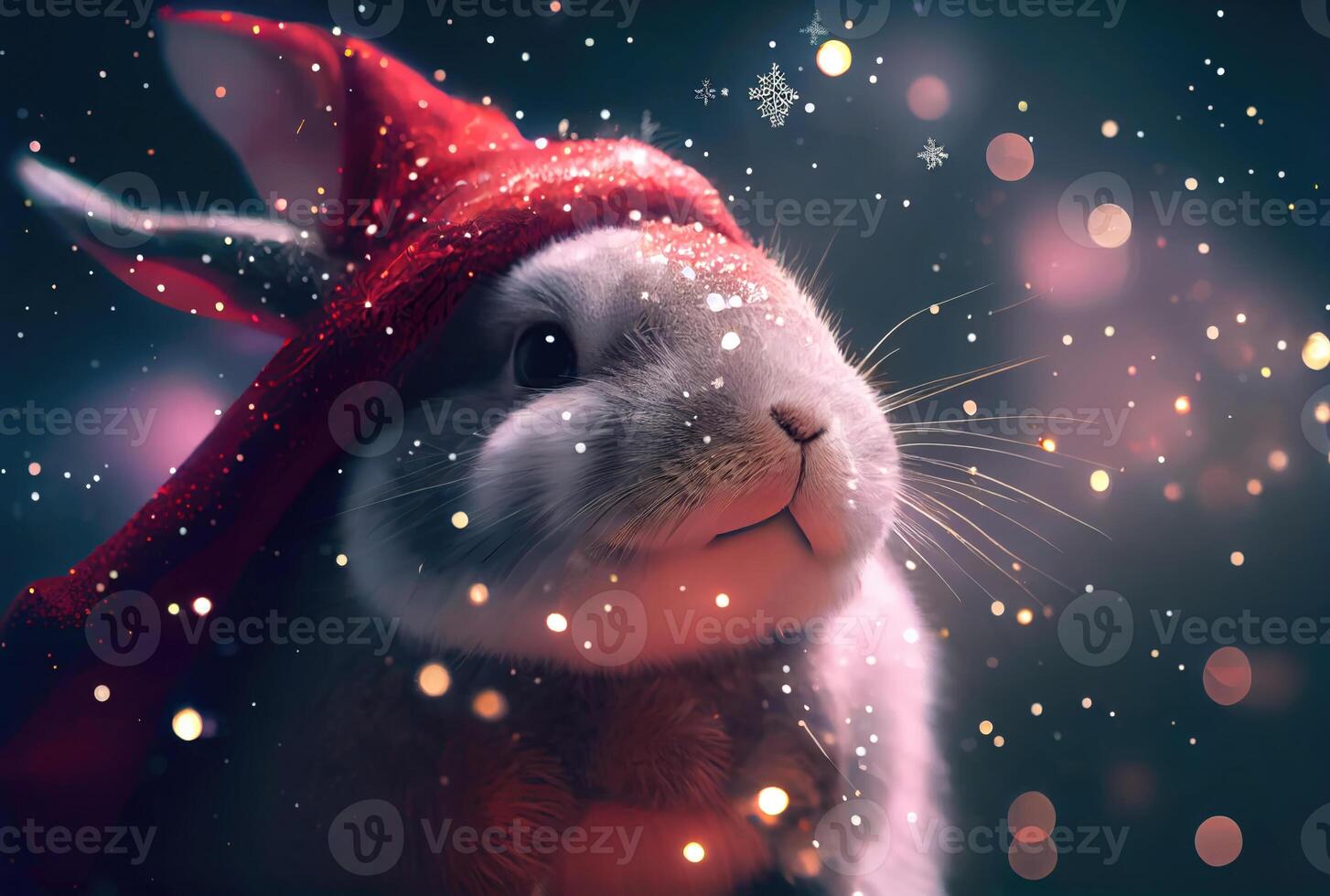 Bunny rabbit in Santa Claus costume and shiny bokeh background. Animal and Holiday concept. photo