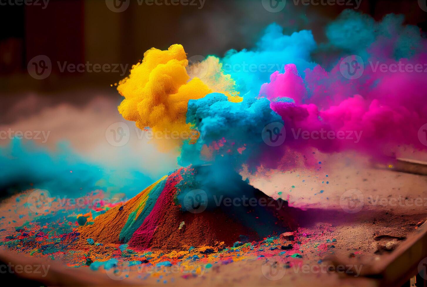 Colorful starch and dye powder dust exploding in Holi day. photo