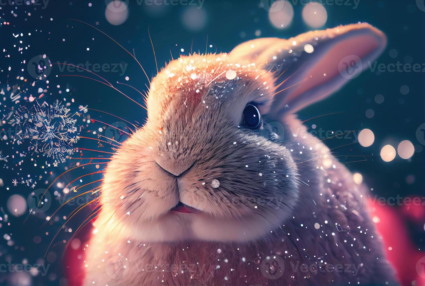 Bunny rabbit in the snowy and shiny bokeh background. Animal and Holiday concept. photo