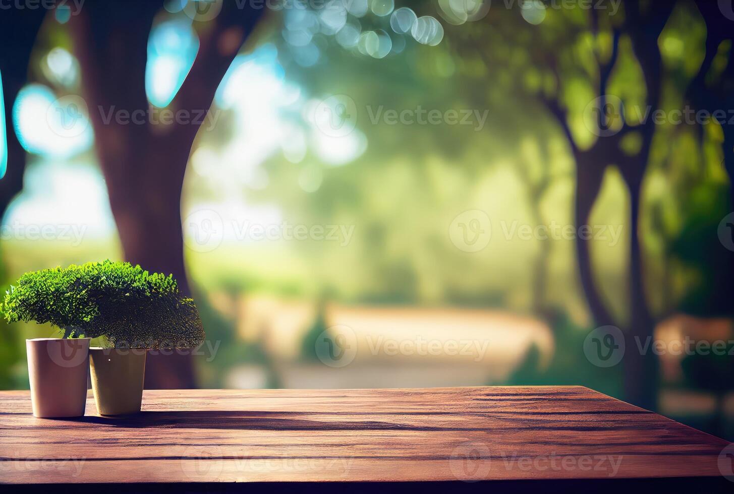 Empty table with blurry green natural park garden or backyard background. Nature and outdoor concept. photo