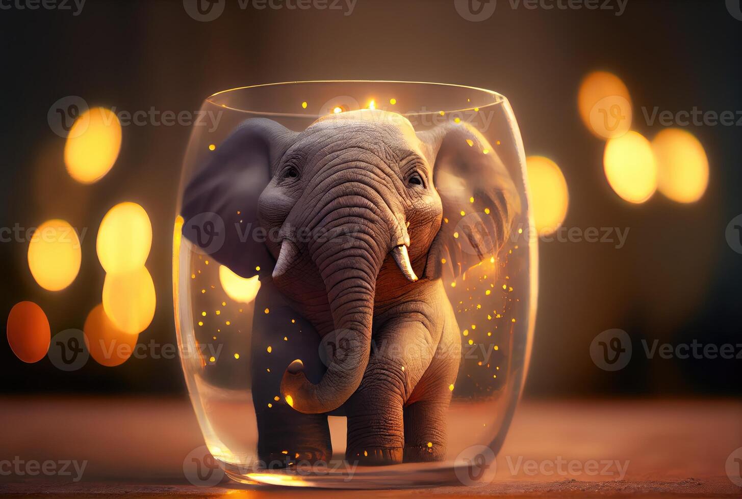 Happy baby elephant holding toasted wine glass in party and golden bokeh light background. Animal and wildlife concept. Digital art illustration. photo