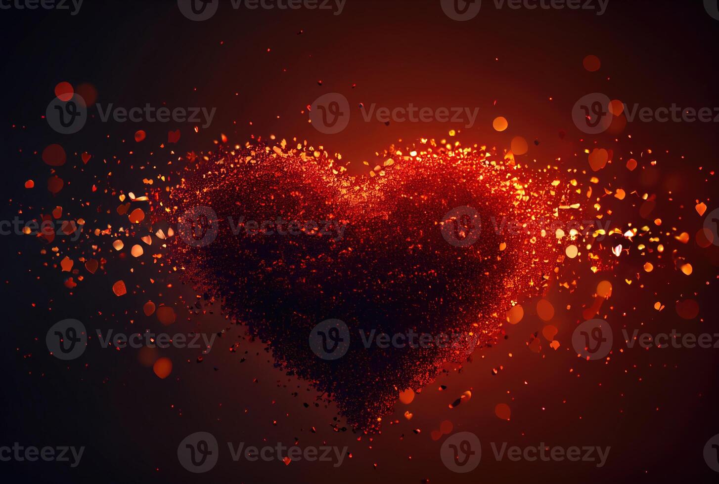 Red heart with dust particle disintegration effect on red background. photo