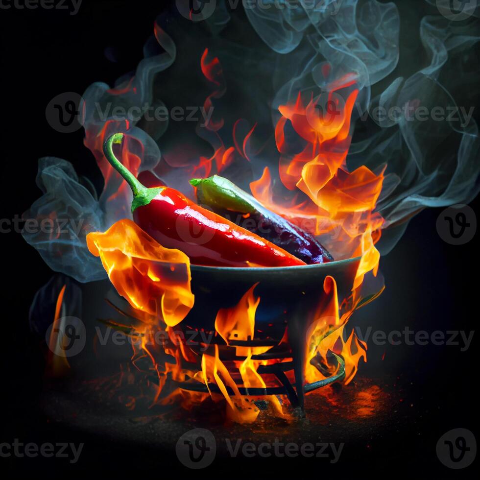 Red chili with burning fire flame in hot pot on black background. photo