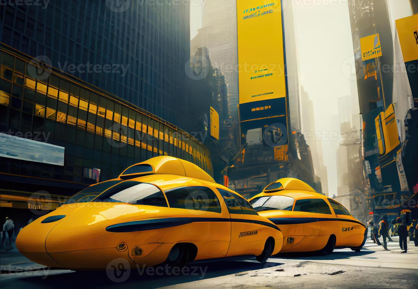 Futuristic yellow taxi among big cities and skyscrapers. Transportation and Innovation technology concept. photo