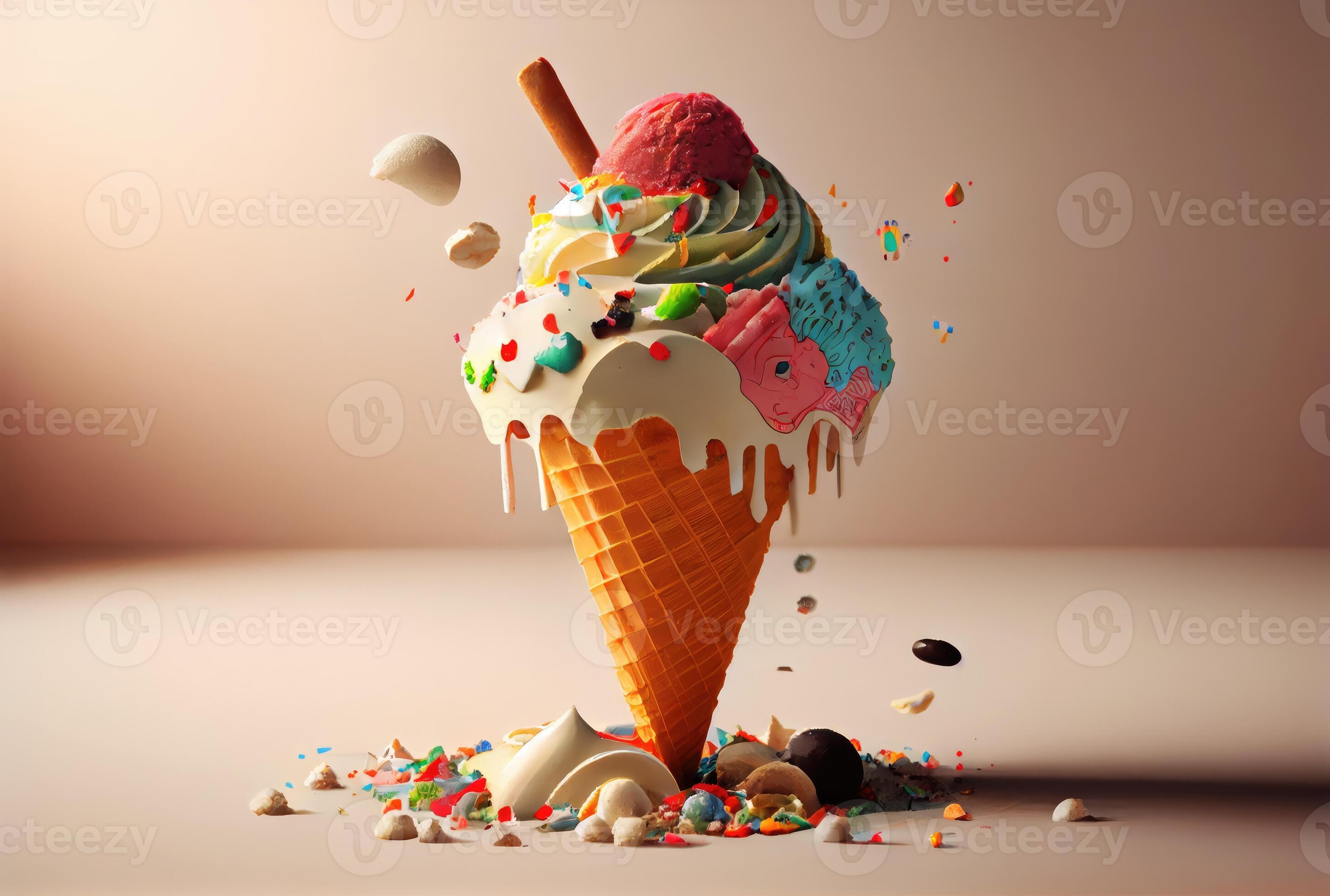 Melting ice cream cone with sweet toppings on minimal studio background