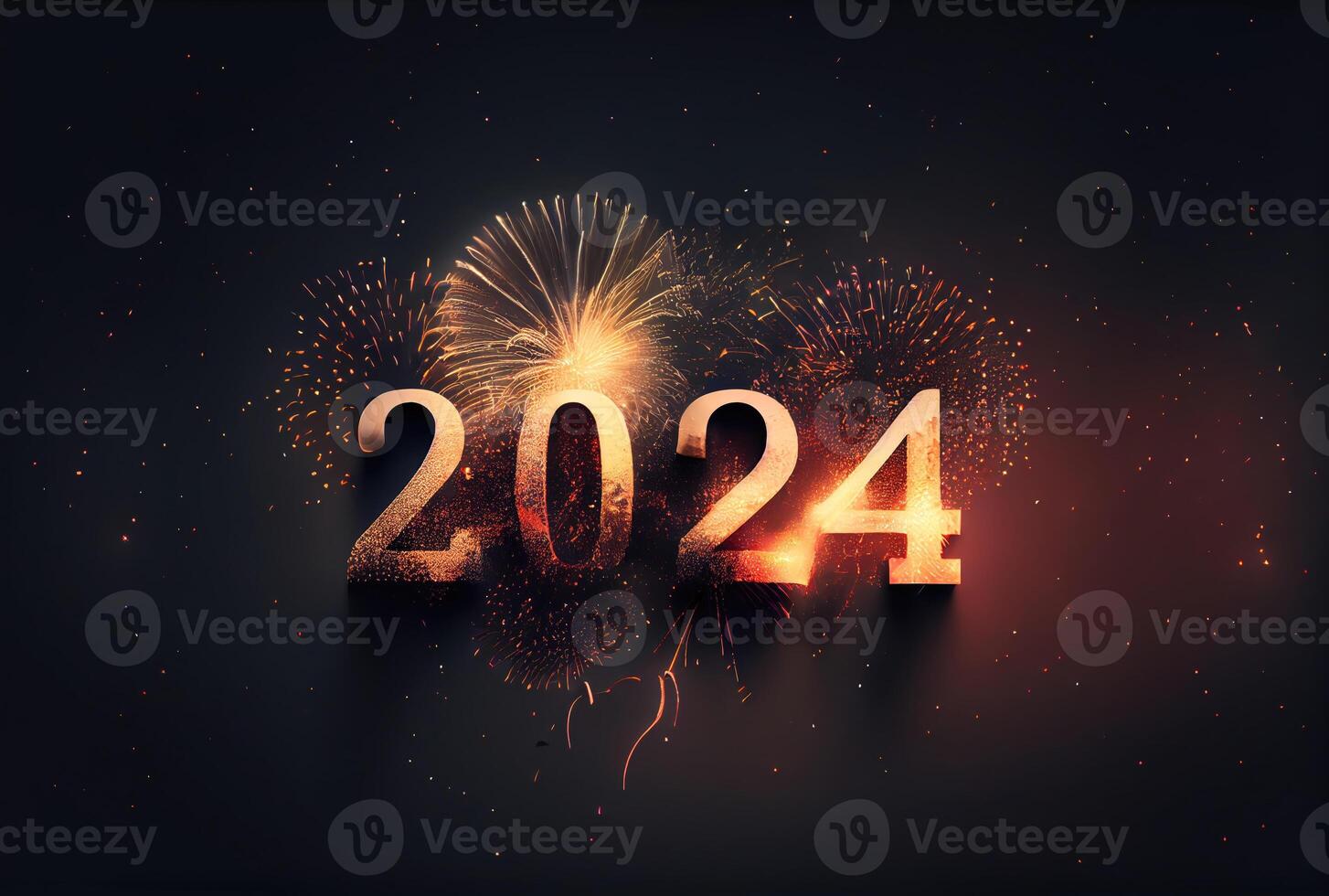 2024 nuevo año celebracion con vistoso fuegos artificiales en oscuro antecedentes. contento nuevo año el año de continuar y saludo tarjeta concepto. generativo ai foto