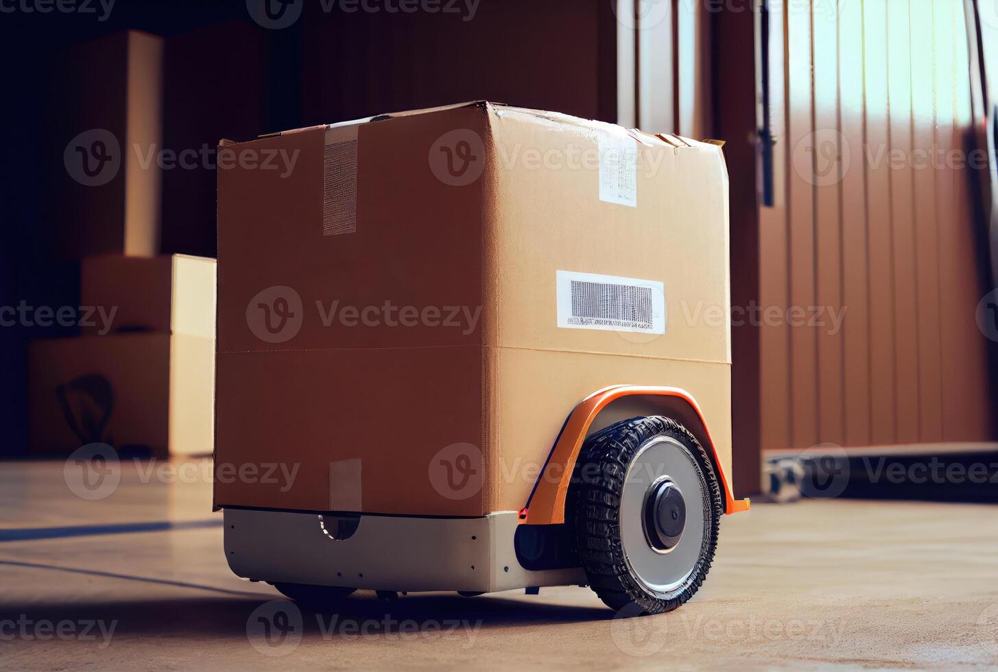 Robot AGV transporting cardboard box in warehouse background. Technology innovation and delivery concept. photo