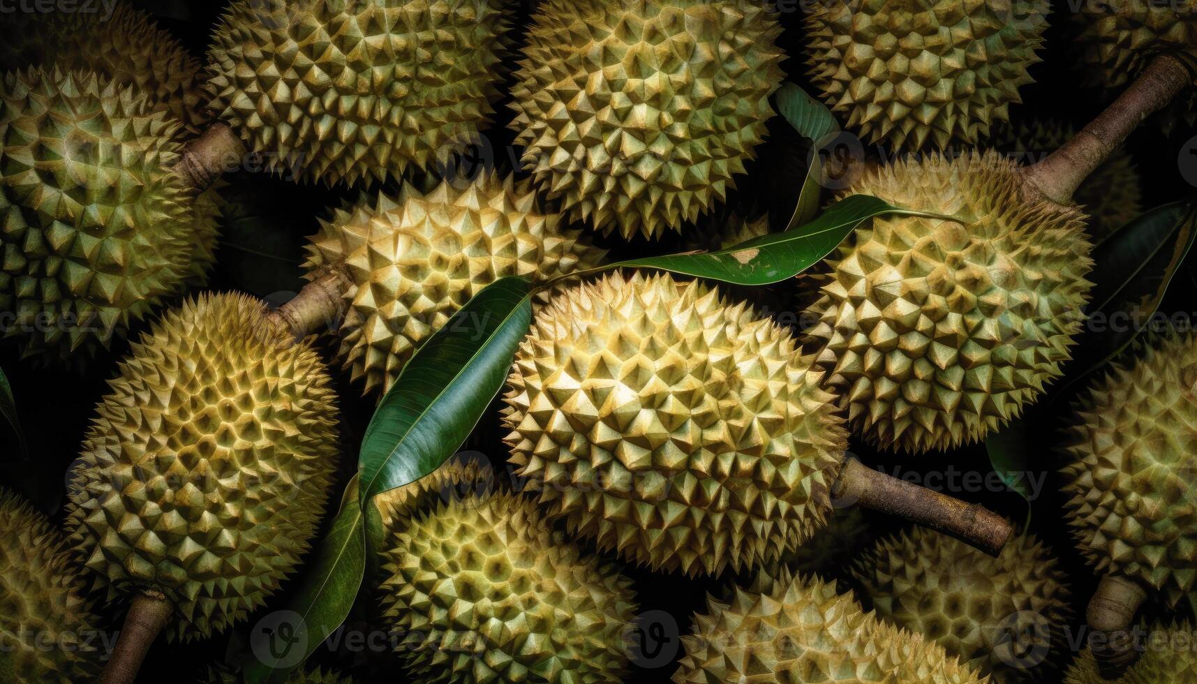 Close up of Durians in dark black background. Fresh fruit and Vegetable concept. Nutrition and vitamin theme. photo