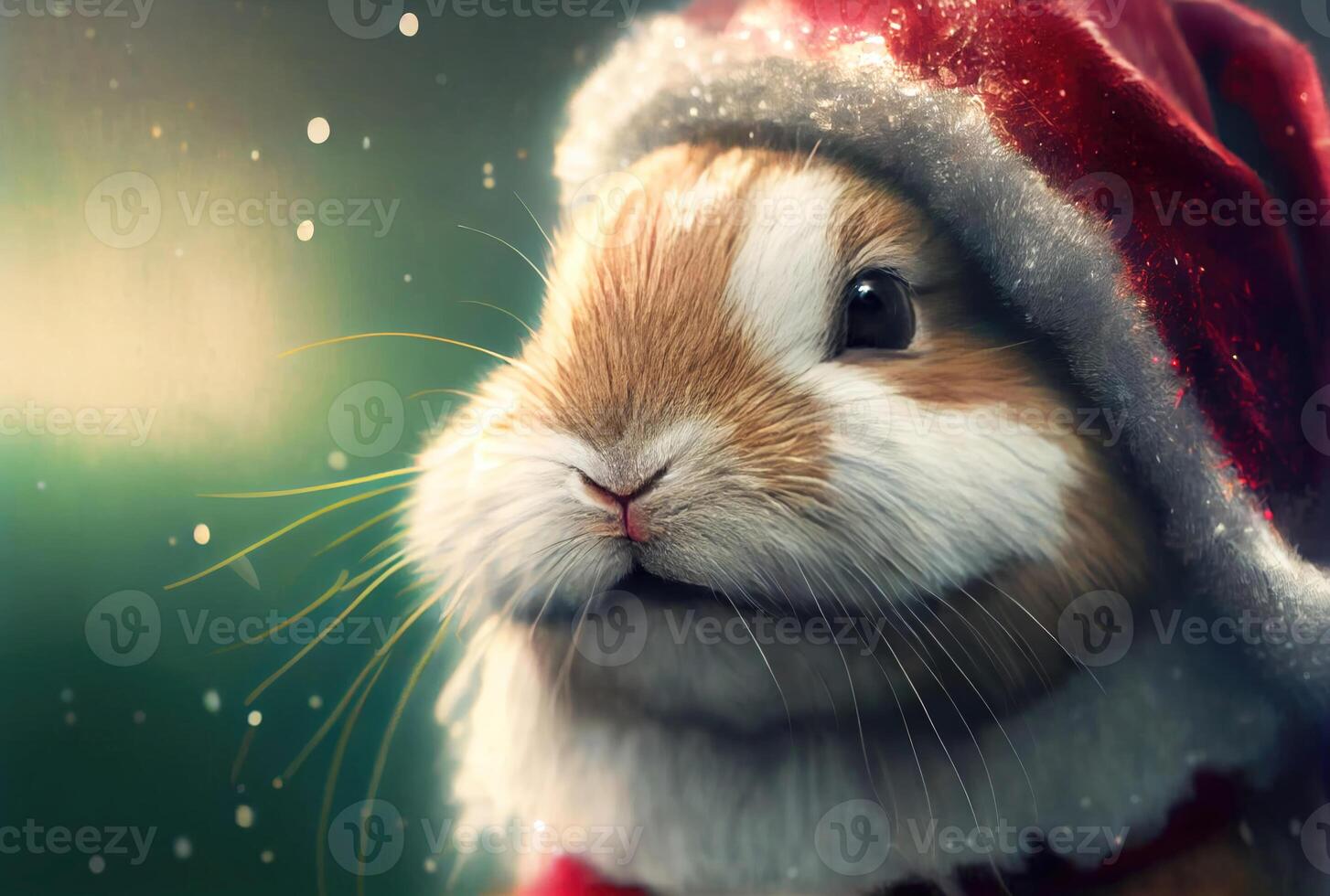 Bunny rabbit in Santa Claus costume and shiny bokeh background. Animal and Holiday concept. photo