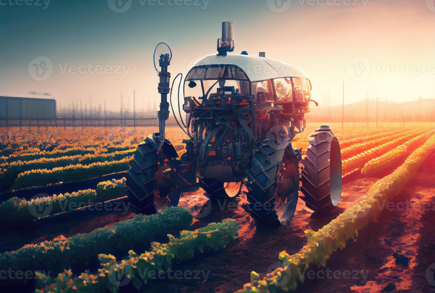 Robot farming harvesting agricultural products in crop field. Innovative futuristics technology and 5G smart farming concept. photo