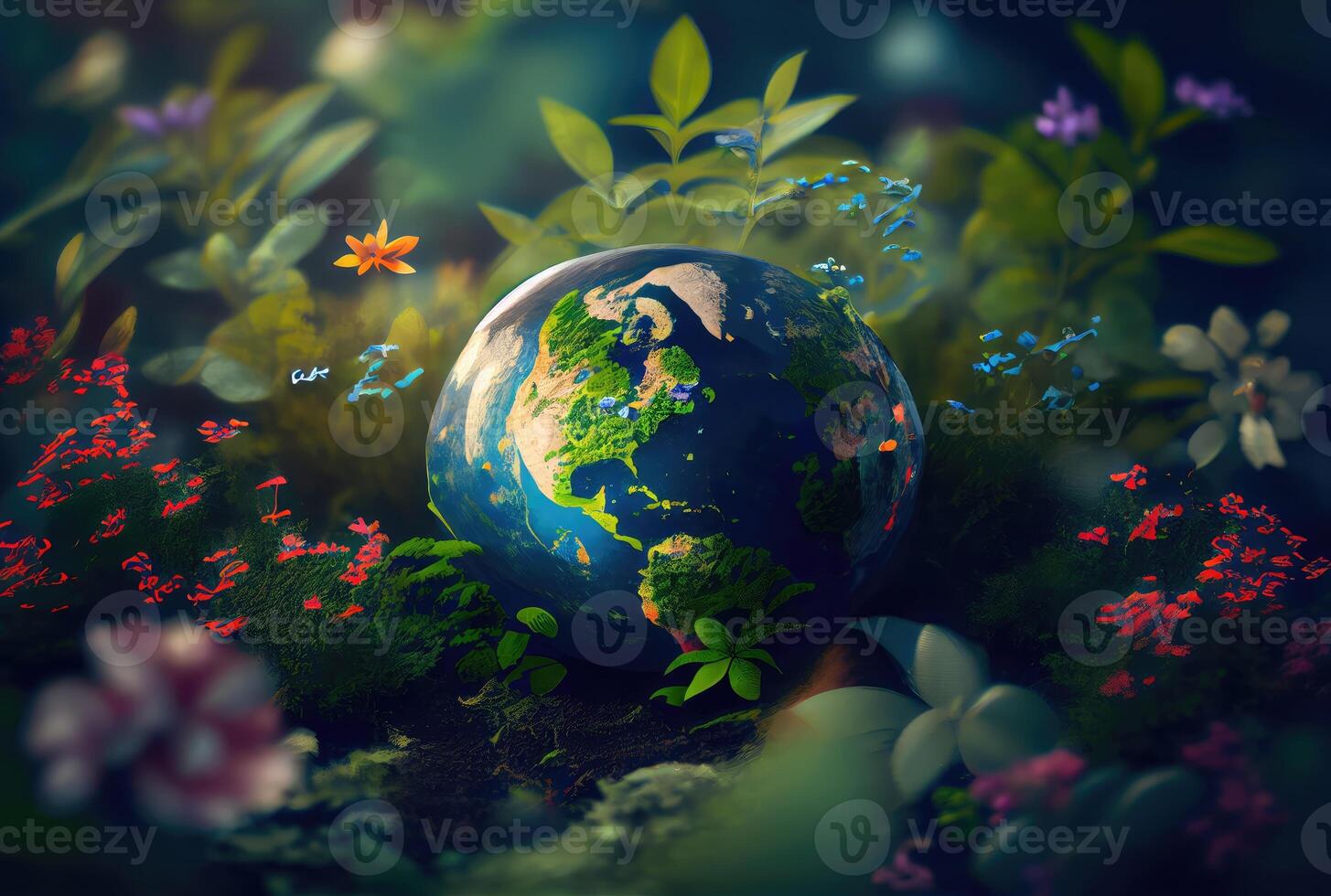 Beautiful Blue globe on the ground with decorating in summer season background. Beauty in nature and World Earth Day concept. photo