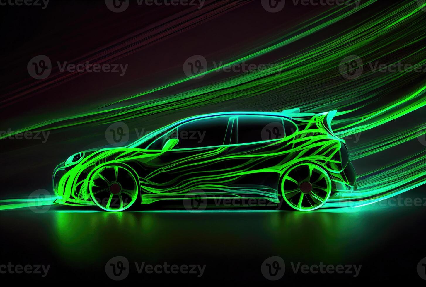 Modern car with green light trail as speed and energy power on black dark background. Transportation and innovation concept. photo